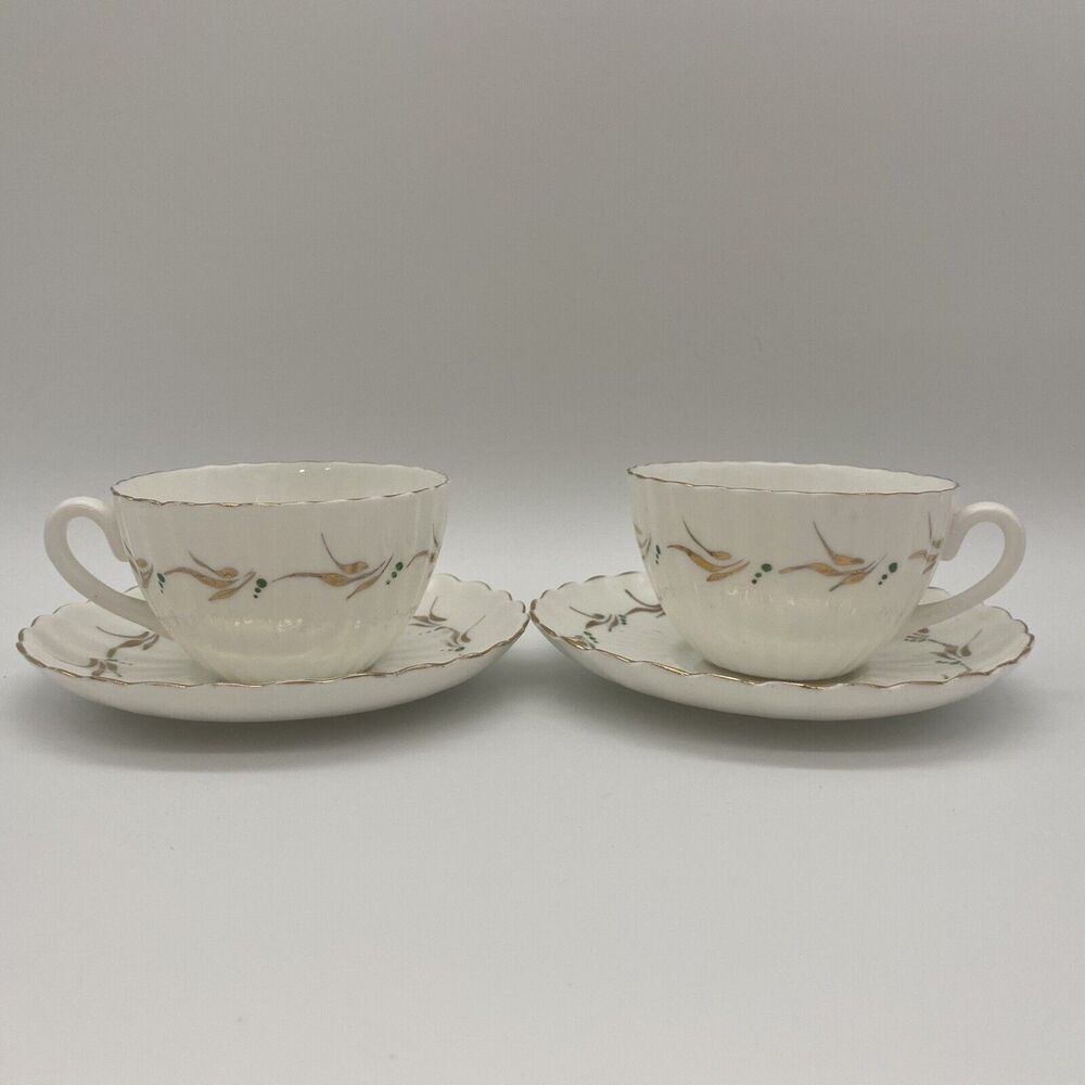 Embassy Ware Fondeville Bone Chine Gold And Green Tea Cups & Saucer Set of 2